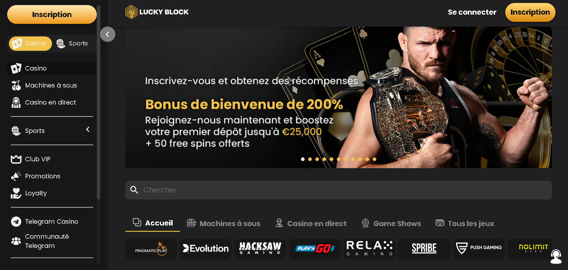 Image montrant la page d'accueil du casino Lucky Block