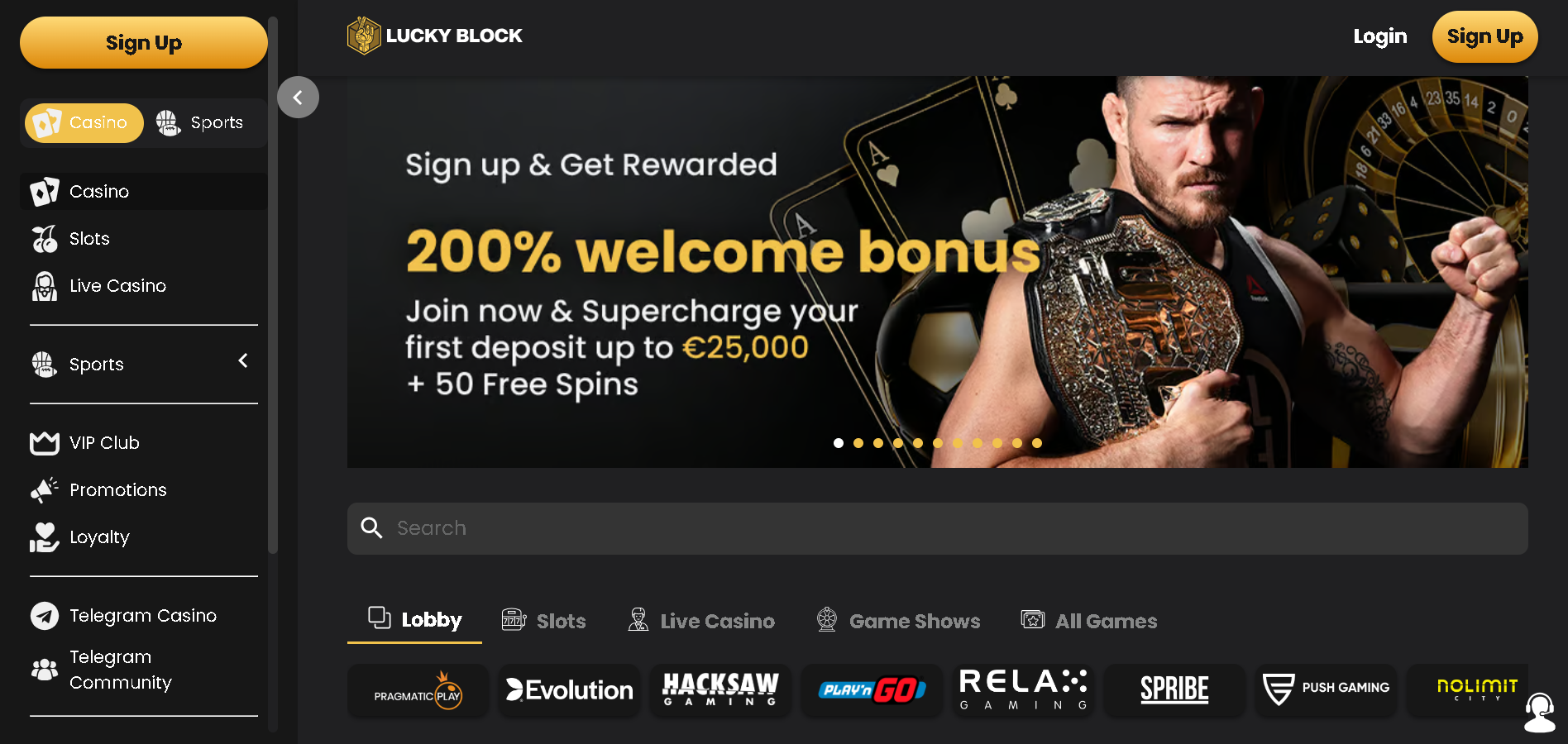 Image showing the Lucky Block casino homepage